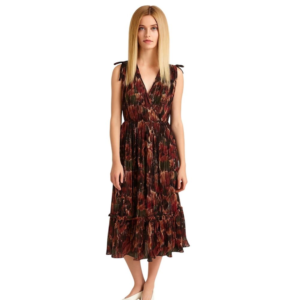 Phase II California Vintage Floral Pleated Dress Sleeveless Wrap Ruffle Hem